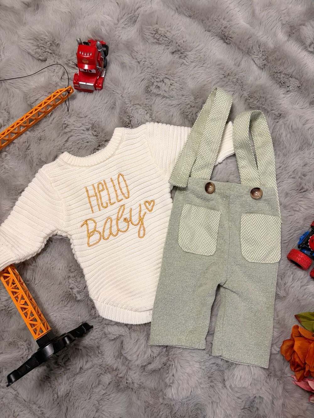 SHEIN Hello Baby Embroidered Sweater and Suspender Overalls Set